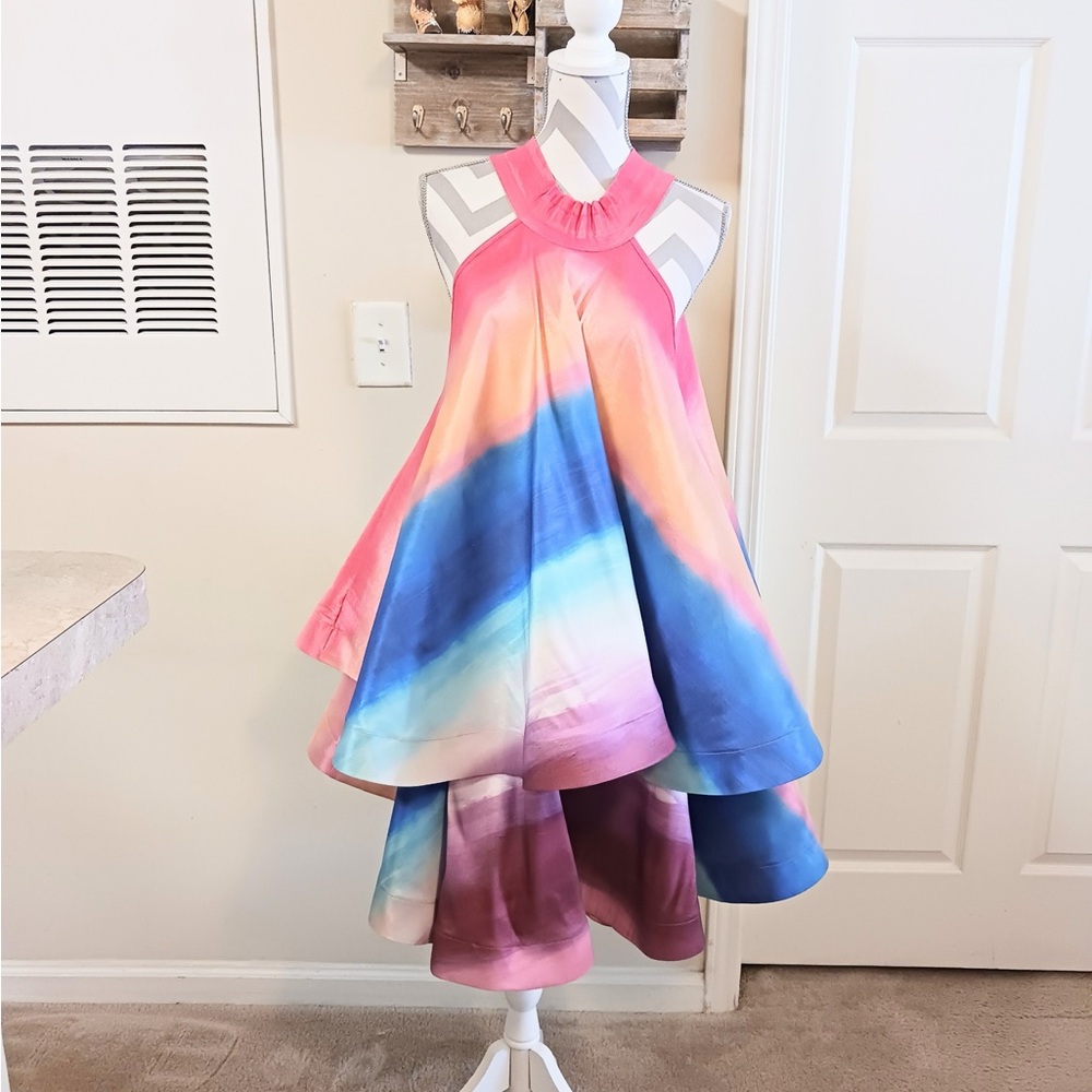 Love Highlight Rainbow Stripe Tie Back Halter Neck Tiered Dress
